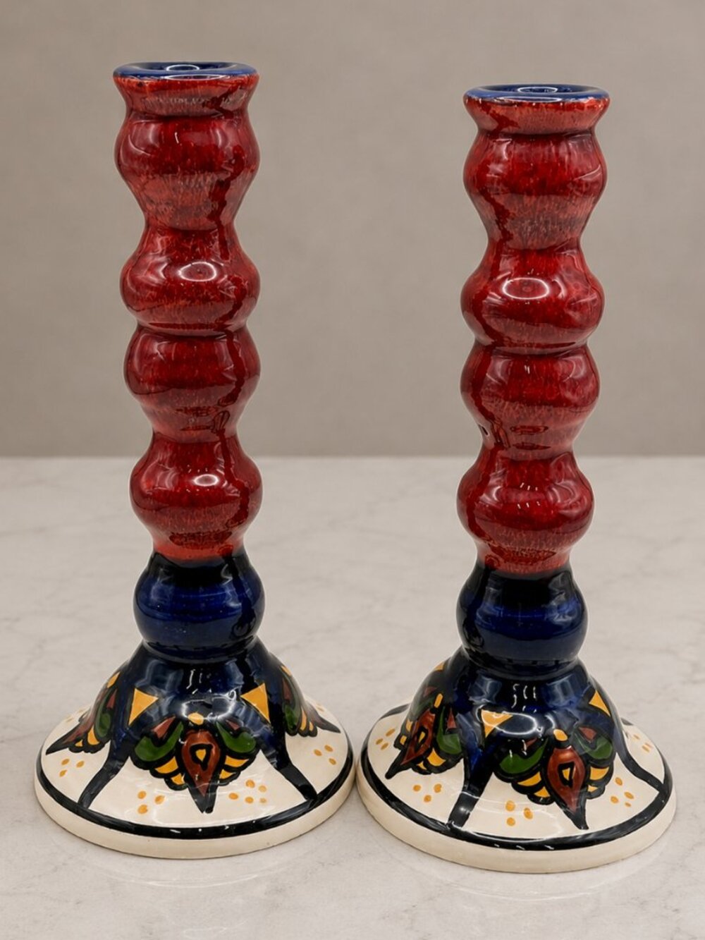 VTG "Ceramica Santa Lucia Honduras" Candlestick Holders Pair Hand Painted 9"